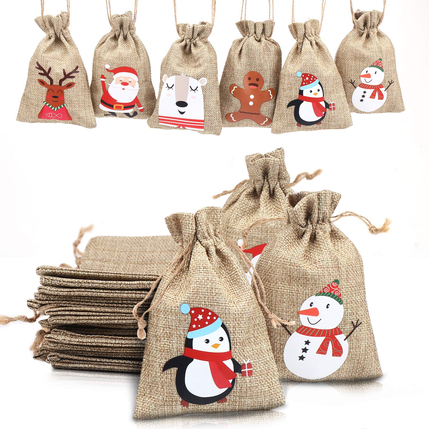 LOKIPA Christmas Jute Burlap Bags,12 pcs Xmas Jute Linen Burlap Drawstring Gift Treat Candy Bag for Xmas Favors