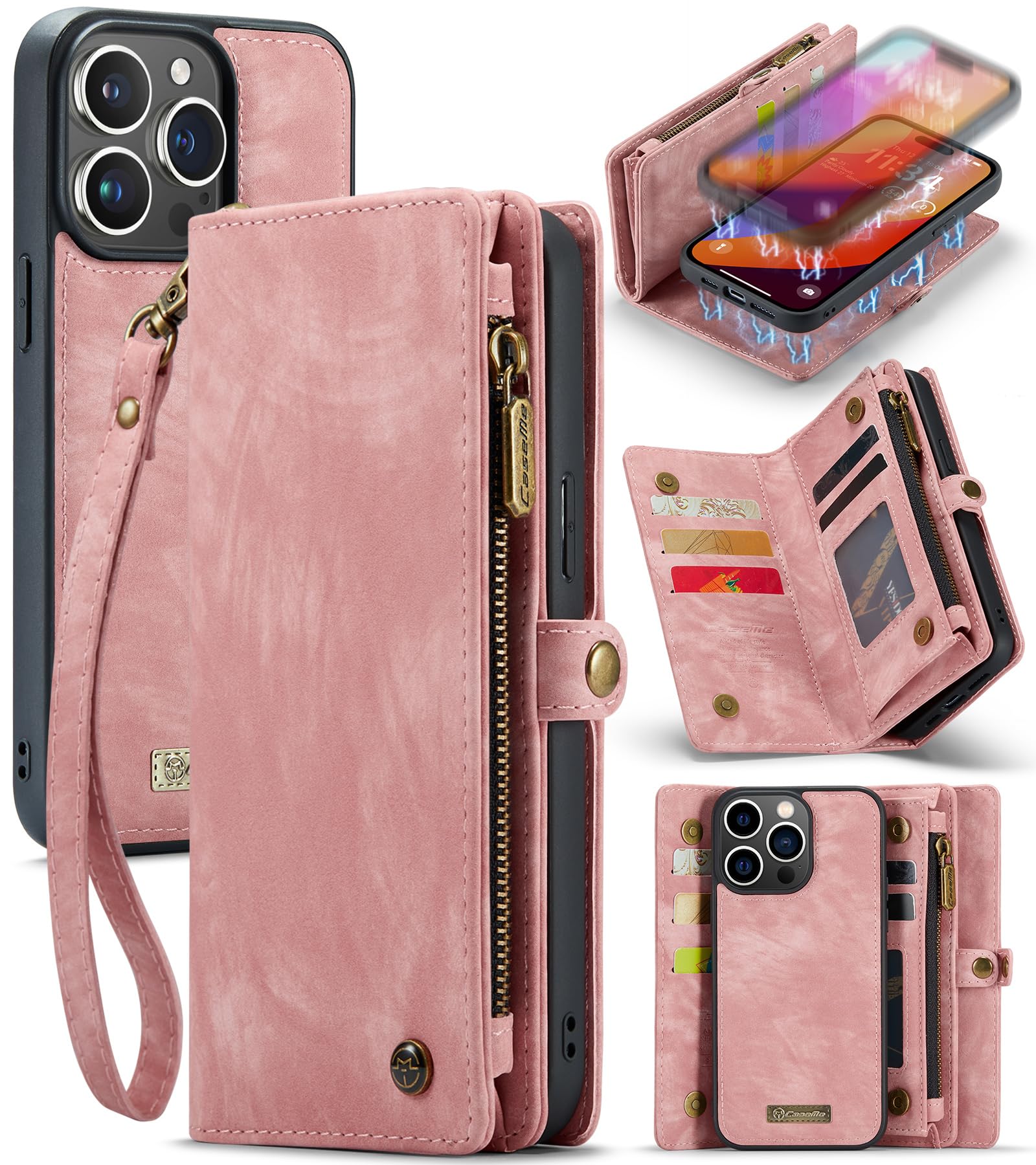 UFinetech for iPhone 15 Pro Max Case, Shockproof Card Holder Leather Wallet Cover for iPhone 15 Pro Max, Flip Bumper Magnetic Detachable Zipper Slots Strap Anti-Scratch Luxury Purse Holster, Pink