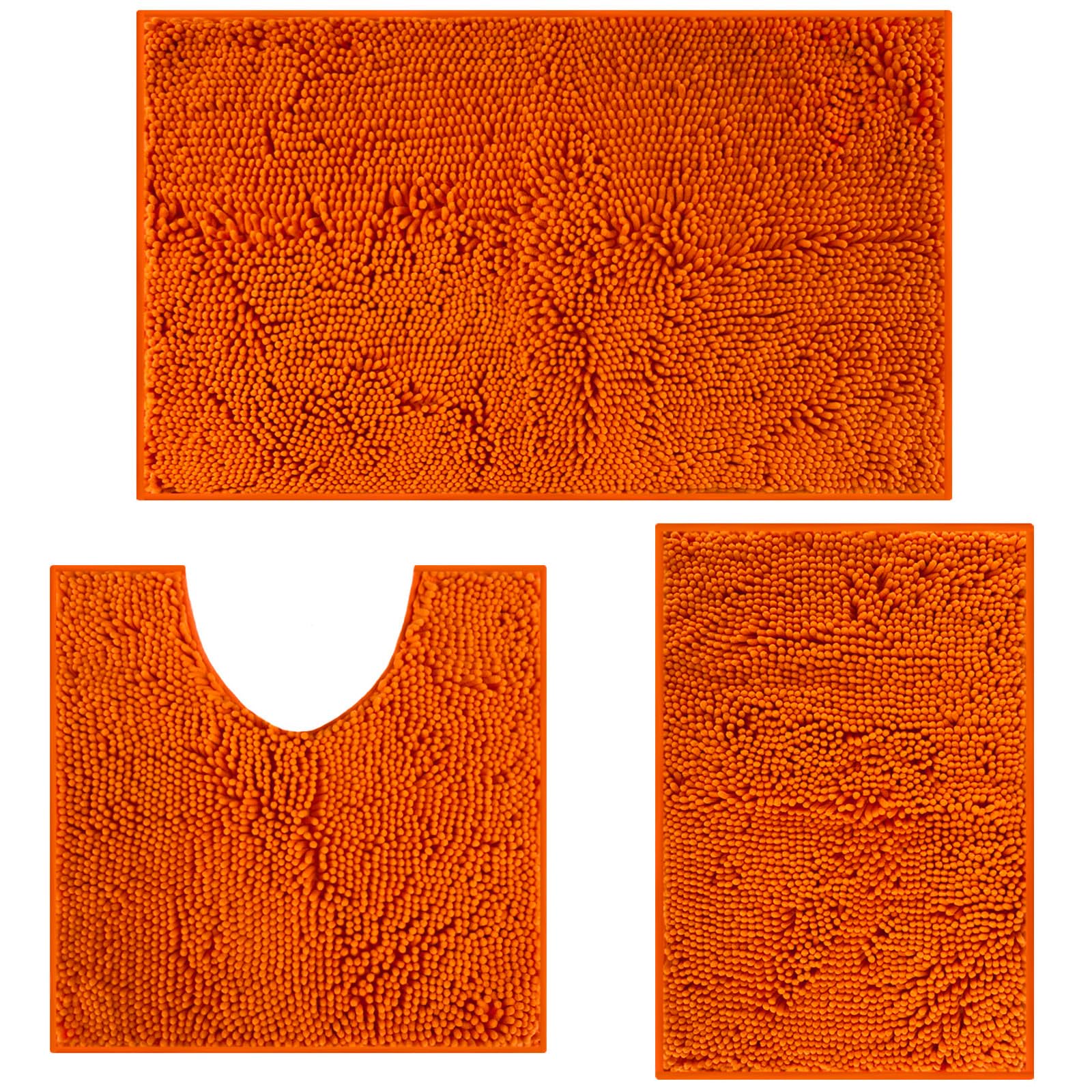 RUN HELIX Ultra Soft Chenille Bath Mat Non Slip, Bath Mat Set 3 Piece, Shaggy Bathroom Mats, Absorbent Bath Mats for Bathroom, Fluffy Bathrooms Mat Set with U-Shaped Toilet Rug (Orange)