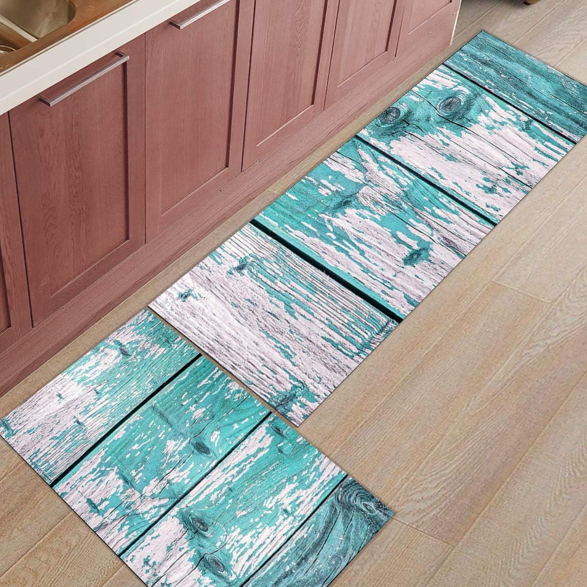 Fantasy Staring 2 Piece Kitchen Rug Set Vintage Wooden Board Transitional Turquoise