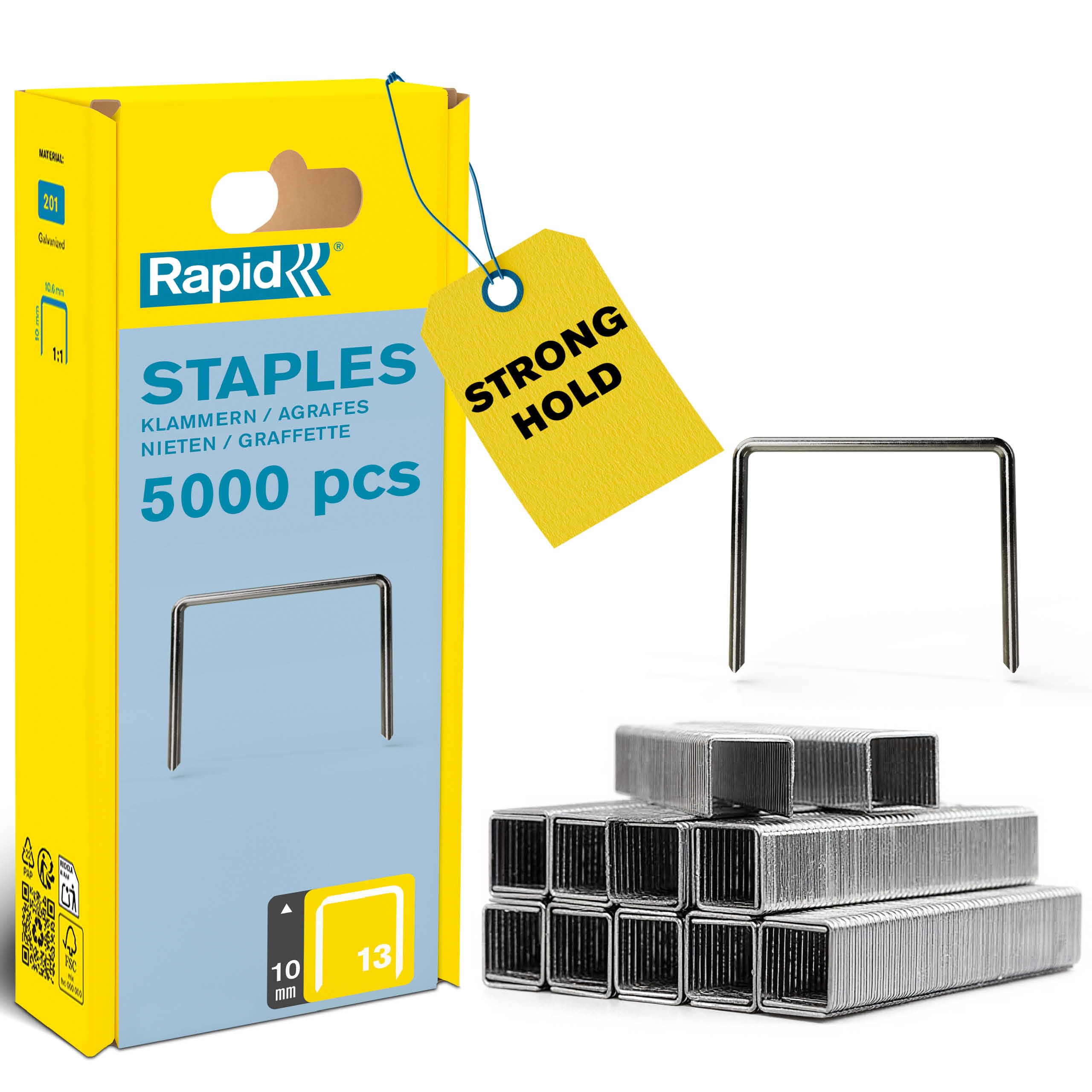 Rapid High-Performance Staples for Textiles, Finewire No. 13, Leg Length 10mm, Staple Gun Staples, Galvanised Steel, 5000 Pieces, Plastic Box (40303081)