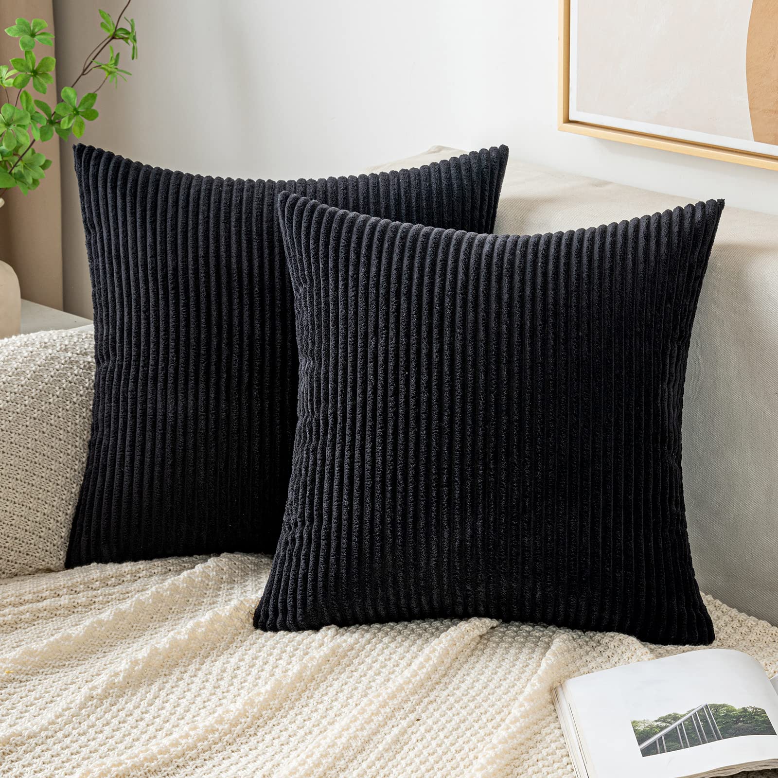 EMEMA Cushion Covers Corduroy Square Throw Pillow Covers Striped Soft Sham Home for Sofa Couch Bedroom Decorative Pillowcases 18x18 Inch 45x45cm Set of 2 Balck