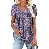 Mystry Zone Womens Henley V Neck Casual Blouse Button Down T Shirts Flare and Flowy Tops