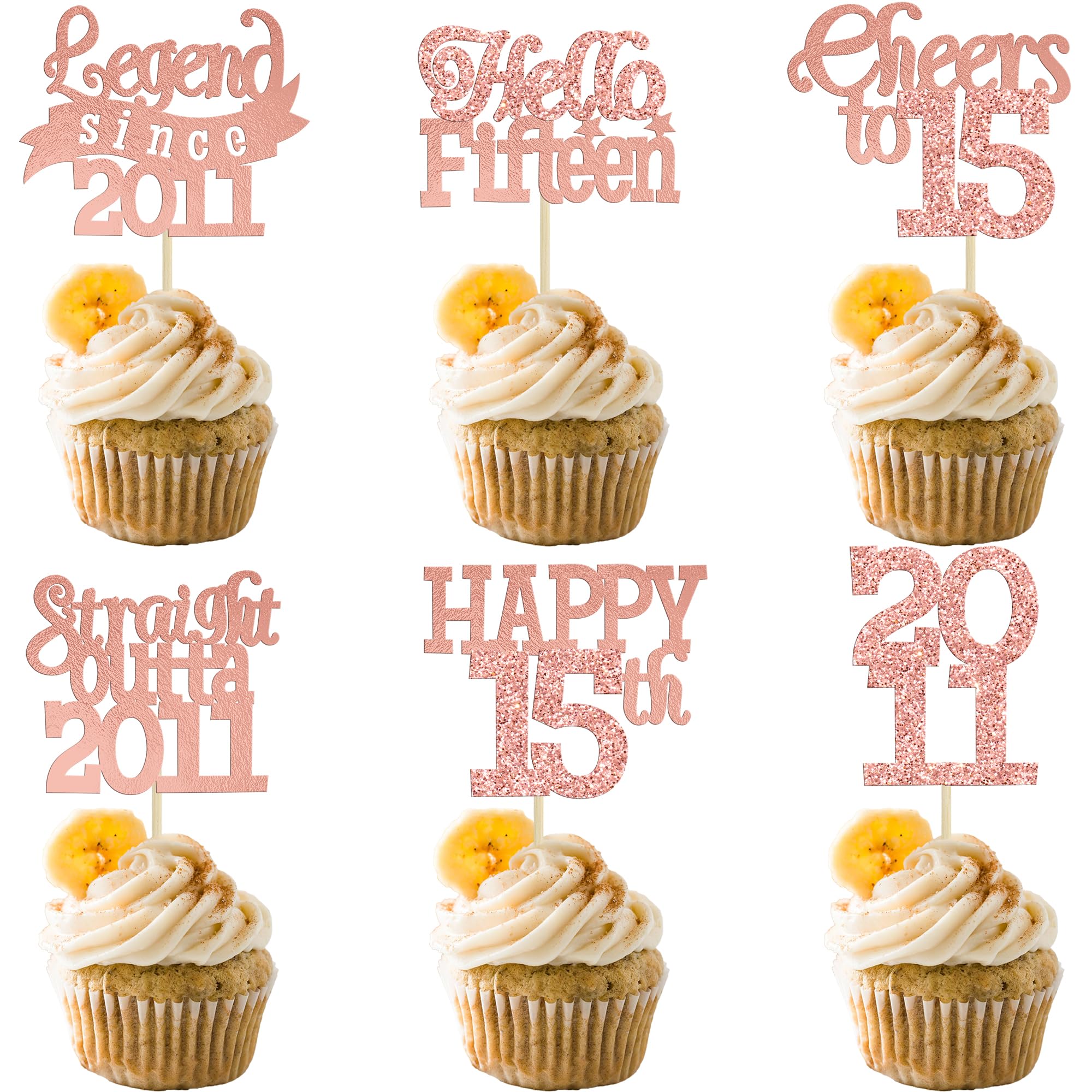 Gyufise 24Pcs Happy 15th Birthday Cupcake Toppers Hello Fifteen Legend Since 2011 Cupcake Picks Cheers to 15 Years Cake Decorations for 15th Birthday Anniversary Party Supplies Rose Gold