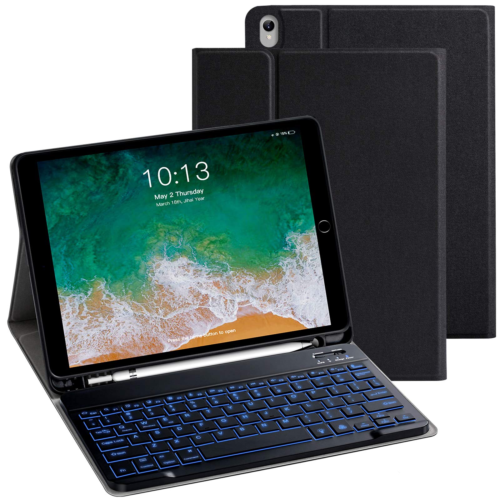 iPad Keyboard Case for Air 3rd Gen 10.5" (2019)/iPad Pro 10.5" (2017), VOWUBO Detachable Smart Keyboard Case with Back-lit, Built-in Pencil Holder(Black)