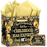 Peconal Black Gold 18th Birthday Gift Bag for Boys Girls with Childhood Has Expired Wrapping Paper Bag for 18th Birthday Party Favors Supplies