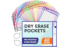 OleFun 30 Pack Dry Erase Pockets, 10 X 14 in Reusable Dry Erase Pocket Sleeves in 10 Colors, Plastic Clear Sheet Protectors, School Teacher Supplies, Organization for Classroom Storage