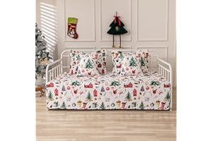 TIEYACHKIS 5 Piece Christmas Daybed Cover Set Twin Xmas Daybed Bedding Sets for All Season Holiday Santa Daybed Comforter with Matching Shams, Soft Snowflake Reindeer Day Bed Cover,39"x75",Red Green