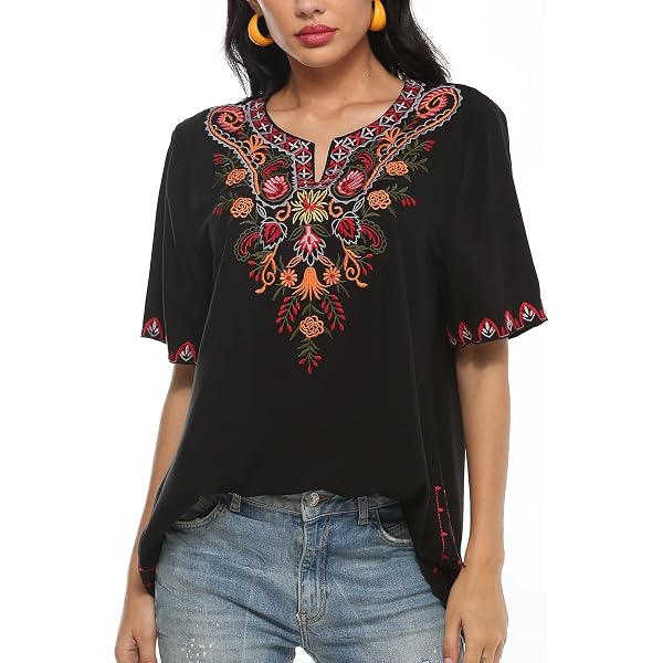 AK Women's Bohemian Embroidered Top – 3/4 Sleeve Floral Peasant Blouse, Loose Tunic (Rayon) - View #2