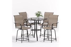UDPATIO Patio Outdoor Swivel Bar Stools, Outdoor Bar Height Chairs and Table Set of 5, All Weather High Back and Armrest Rocking Stools & Bar Chairs for Backyard, Lawn Garden, Balcony and Pool, Brown