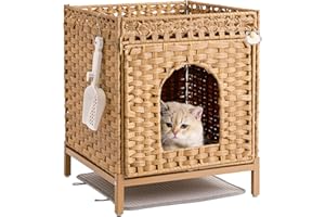 SETVSON Cat Litter Box Enclosure Hidden Litter Box Furniture with Metal Heightened Feet, Rattan Handwoven Cat House with Litter Mat, Hidden Litter Box Furniture for Bedroom Living Room Natural