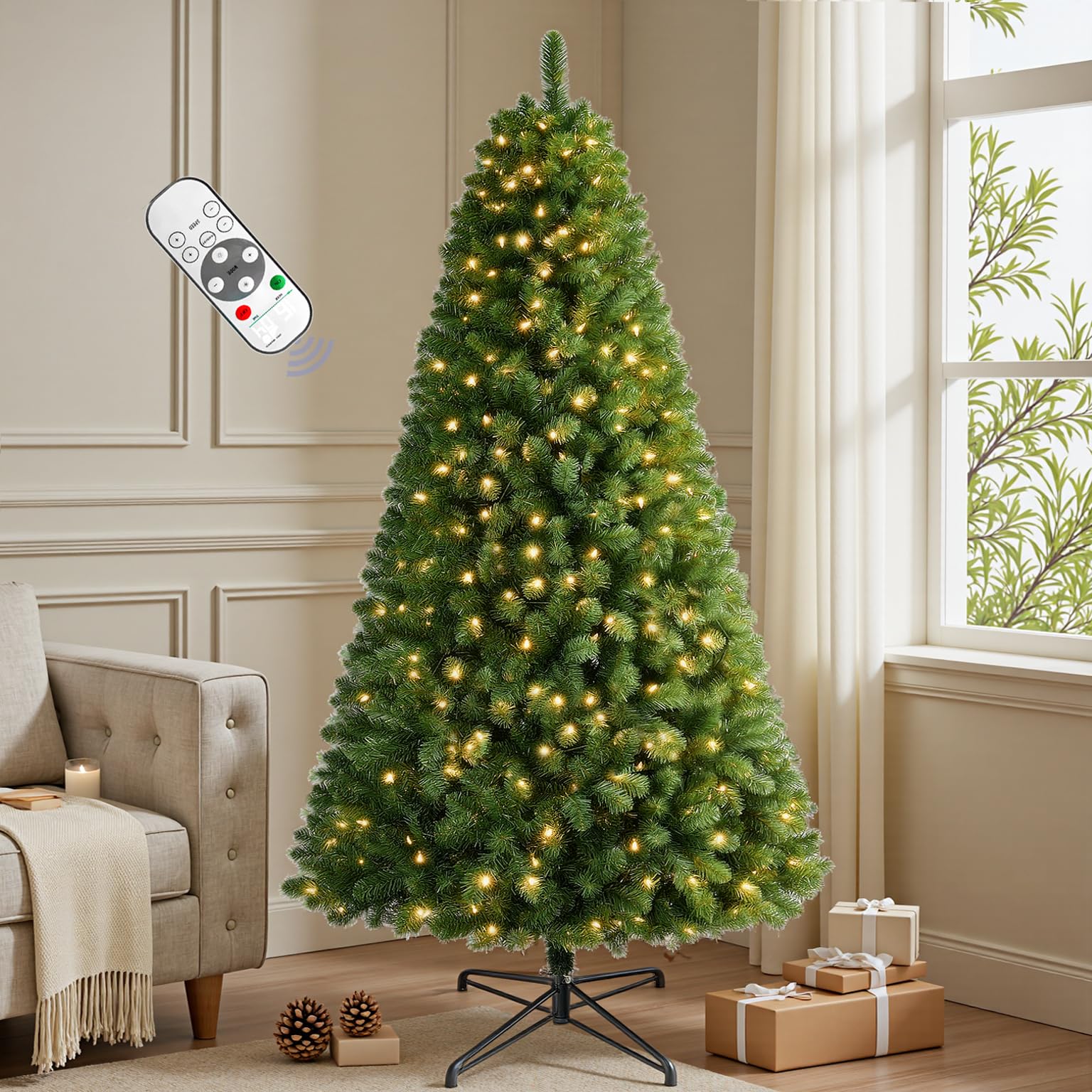 Photo 1 of 7.5 Ft Pre- Christmas Tree Spruce with Remote Control, 350 Warm White Multi-Color Changing LED Lights, Artificial Hinged/Feel Real/Realistic for Home, Holiday Decoration Dual Color LED