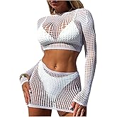 MakeMeChic Women's 2 Piece Bikini Cover Ups Hollow Out Long Sleeve See Through Crop Top and Mini Skirt Set