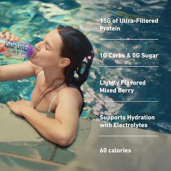 ISOPURE CLEAR PROTEIN WATER WITH ELECTROLYTES, 15G WHEY PROTEIN ISOLATE, ZERO SUGAR, MIXED BERRY, 20 FL OZ BOTTLE, 1 COUNT