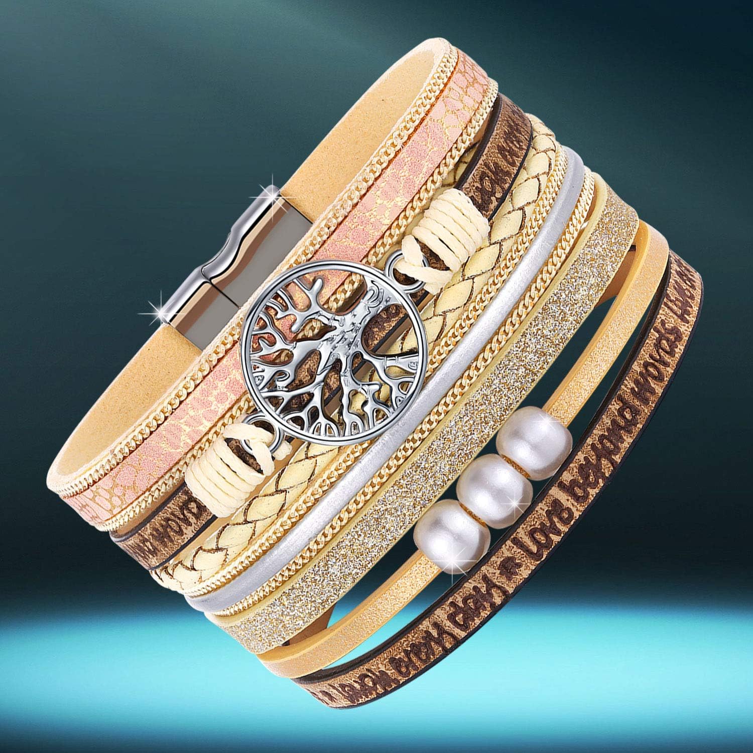 Inspirational Bracelets for Women Wrap Around Boho Buckle Stacking Multilayer Leather Wide Magnetic Layered Bracelet Tree of Life Christmas Gifts Jewelry for Women Mom Teen Girls Grandma: Clothing