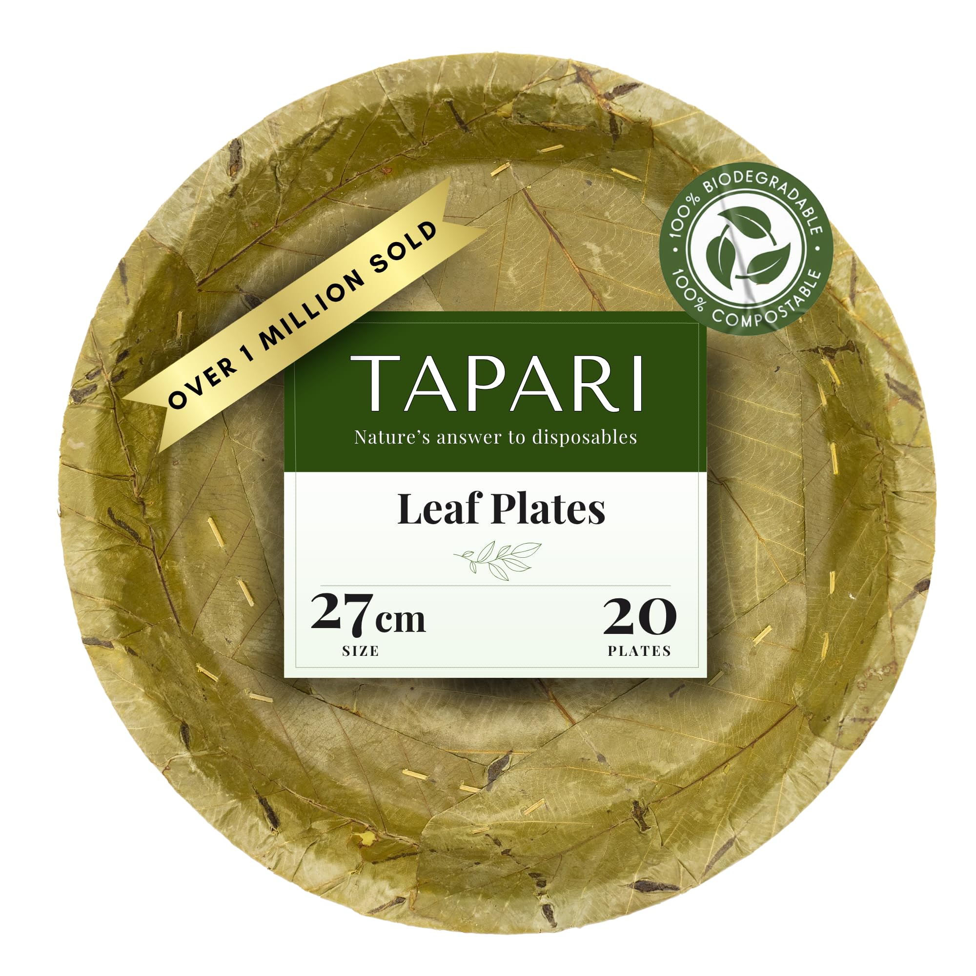 TAPARI Jumbo Disposable Plates - 20 Pack Jumbo Leaf Plates - 27cm Diameter - 1.1 Litre - 100% Compostable & Biodegradable Disposable Plates - Perfect for Eco Conscious Parties and Sustainable Cooking