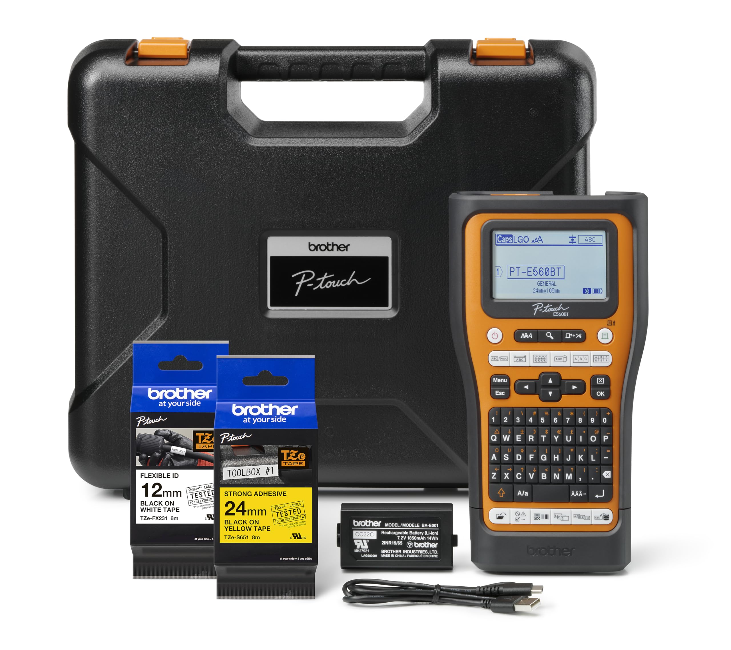 Brother PTE560BTVP Professioneller elektronischer Marker mit PC- und Bluetooth-Verbindung für Elektriker und Installateure. Automatischer Bandschnitt. QWERTY-Tastatur. 2 Bänder im Lieferumfang