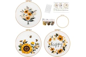 Lukinbox Embroidery Kits for Beginners Adults, 3 Sets Embroidery Starter Kit Include 3 Stamped Embroidery Clothes with Floral and Bee Pattern, 1 Embroidery Hoop, Threads, Needles