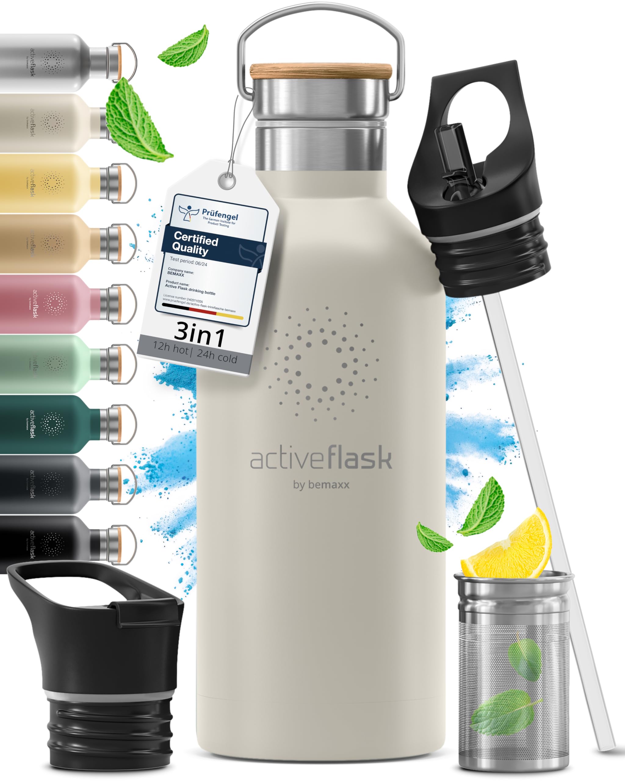 Stainless Steel Water Bottle with Straw, Infuser & 3 Lids: 1 & 0,5L Leak-Proof Vacuum Insulated ACTIVE FLASK Drinking Bottles Hot Cold: Double Walled Outdoor Drink Thermo Mug Tea Coffee Sport Gym Bike