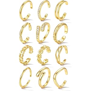 YADOCA Gold Toe Rings for Women Non Tarnish - Adjustable Silver Toe Ring | 12Pcs 14K Gold Filled Toe Rings Set - Waterproof S