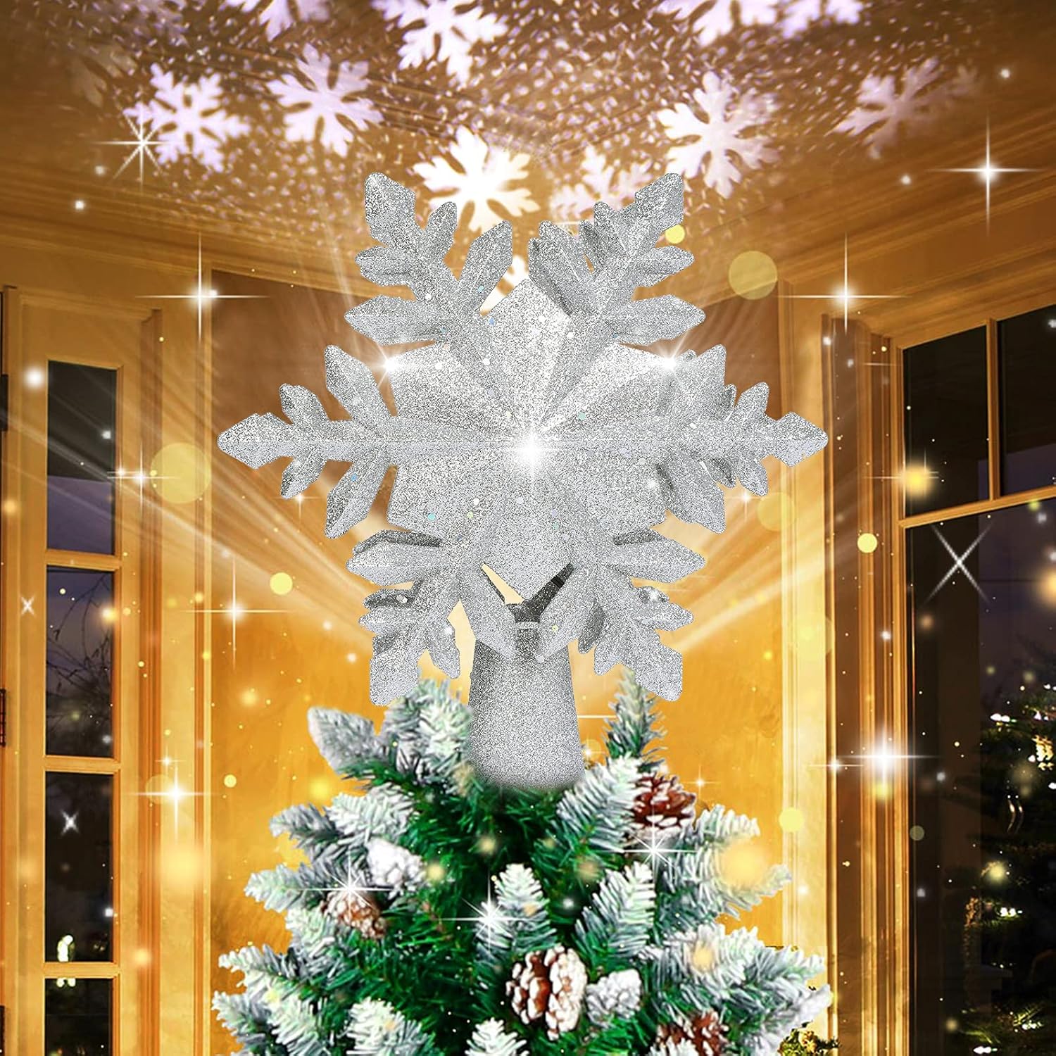 Tree Toppers - BLOOMWIN Christmas Tree Topper Lighted with Snowflake Projector, LED Rotating Hollow Snowflake, 3D Glitter Lighted Silver Snowflake Tree Topper for Xmas Tree Festival Decorations Lights