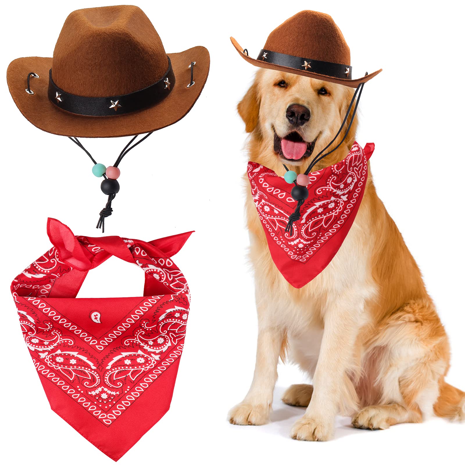 Yewong Pet Cowboy Costume Accessories Dog Cat Pet Size Cowboy Hat and Bandana Scarf West Cowboy Accessories for Puppy Kitten Party Festival and Daily Wearing Set of 2 (Coffee)