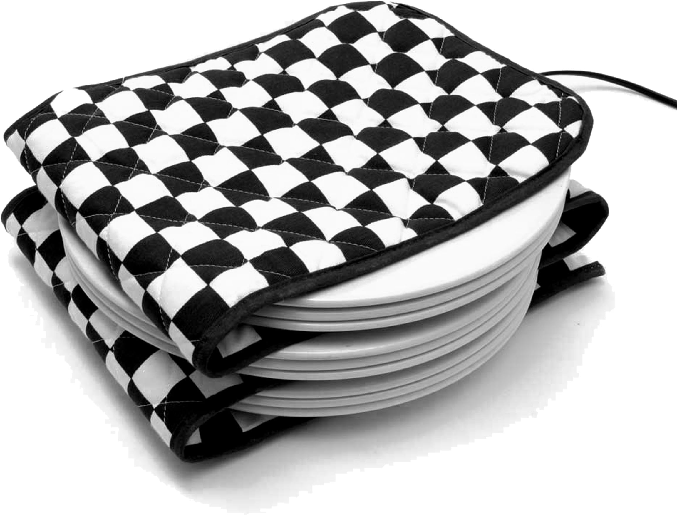 Hot Ideas Electric Plate Warmer - 12 Plate 110V (US PLUG) Black and white check