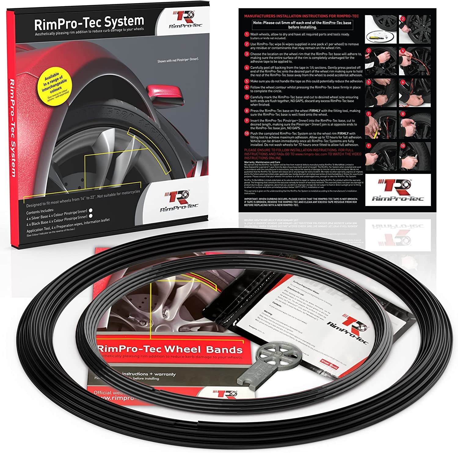 RimPro-Tec® Wheel Bands™ Rim/Wheel Protectors for Cars and Light Trucks, Protection and Style, Black Track/Black Pinstripe Fit from a 12" to 22” set of wheels