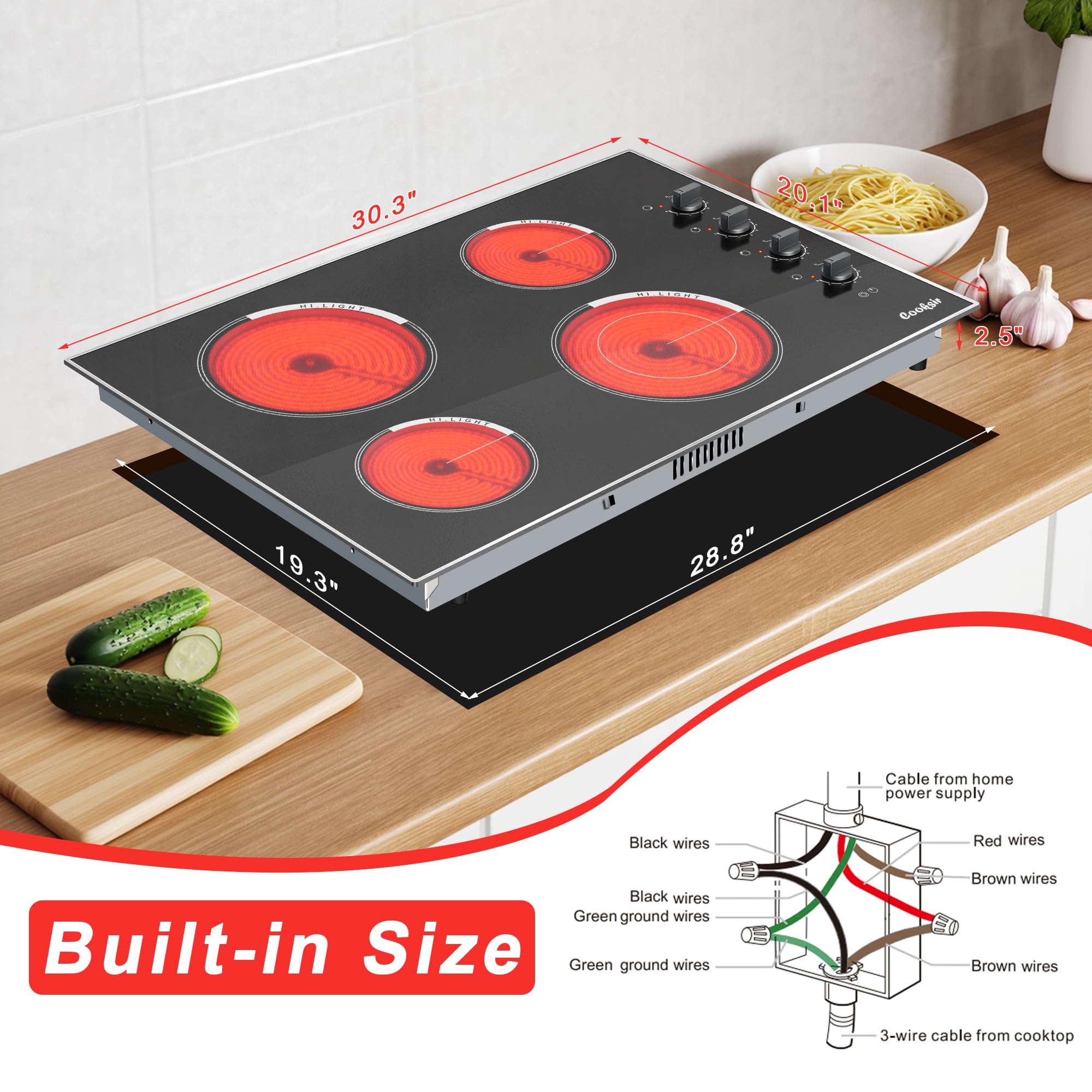 Electric Cooktop 30 Inch - 4 Burner Built-in Electrical Stovetop 7400W, 30 In Radiant Electric Stove with Glass Protection Metal Frame, Auto Shut Off Protection, 220-240V Hard Wired (No Plug)