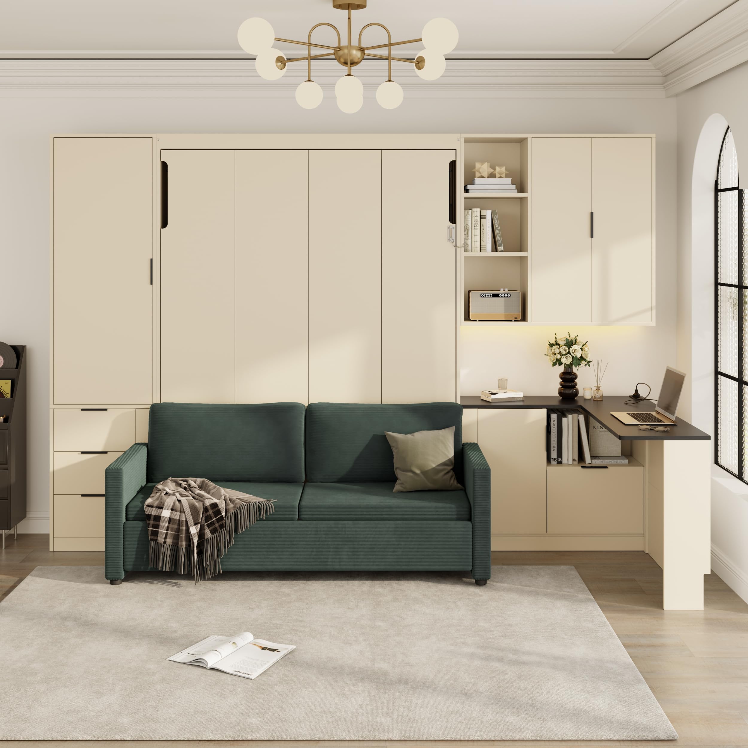 Photo 1 of (3/22/2026 ***JUST THE COUCH***) Merax Farmhouse Multi-Functional Murphy Bed with Sofa, Desk & Storage Cabinet,Solid Wood Foldable Wall Bed w/USB Charging Station Space Saving/No Box Spring Needed/Full, Beige + Green