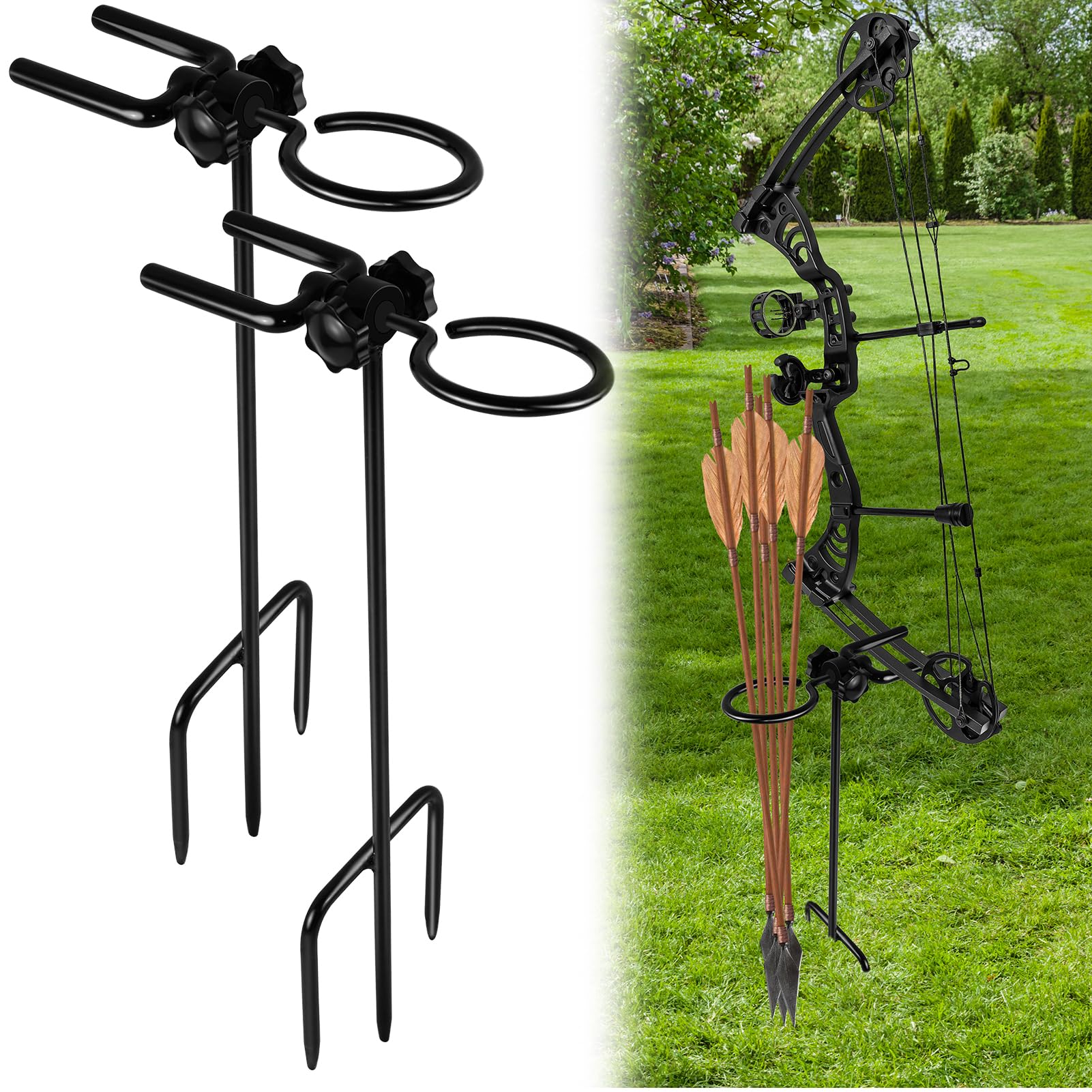 Photo 1 of 2 Pack Rotated Ground Blind Bow Holder with Arrow Holders, Rustproof Hunting Compound Bow Holder Stable Archery Bow Stand Versatile Ground Stake Archery Holder Accessories for Hunting Target Practice