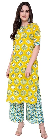 Women's Cotton Anarkali Kurti with Palazzo(Yellow)
