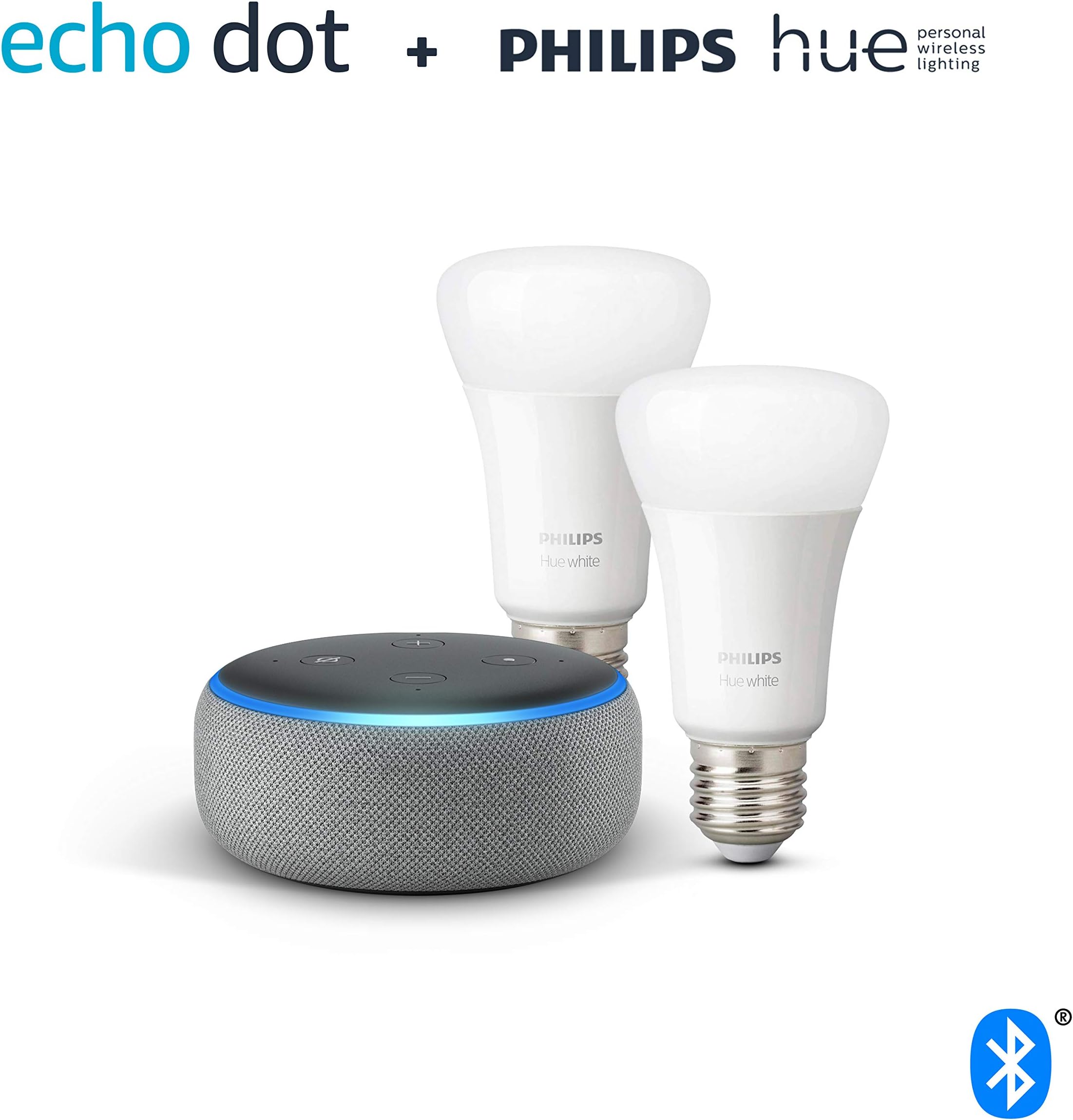 Echo Dot (3rd Gen), Heather Grey Fabric + Philips Hue White Smart Bulb Twin Pack LED (E27) | Bluetooth & ZigBee compatible (no hub required)