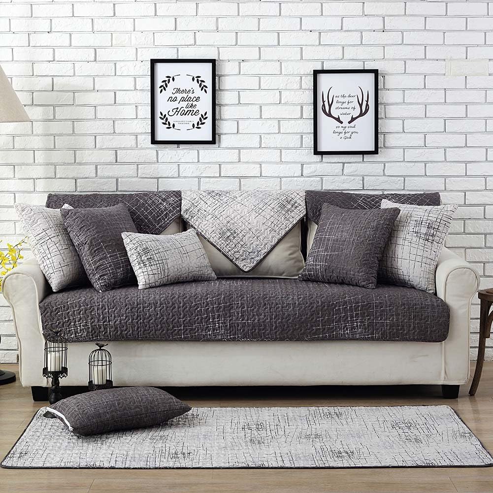 Lesic 100% Cotton Dark Gray Couch Cover Anti-Slip Concise Style Sofa Protector, 36X71inches(90X180cm) …