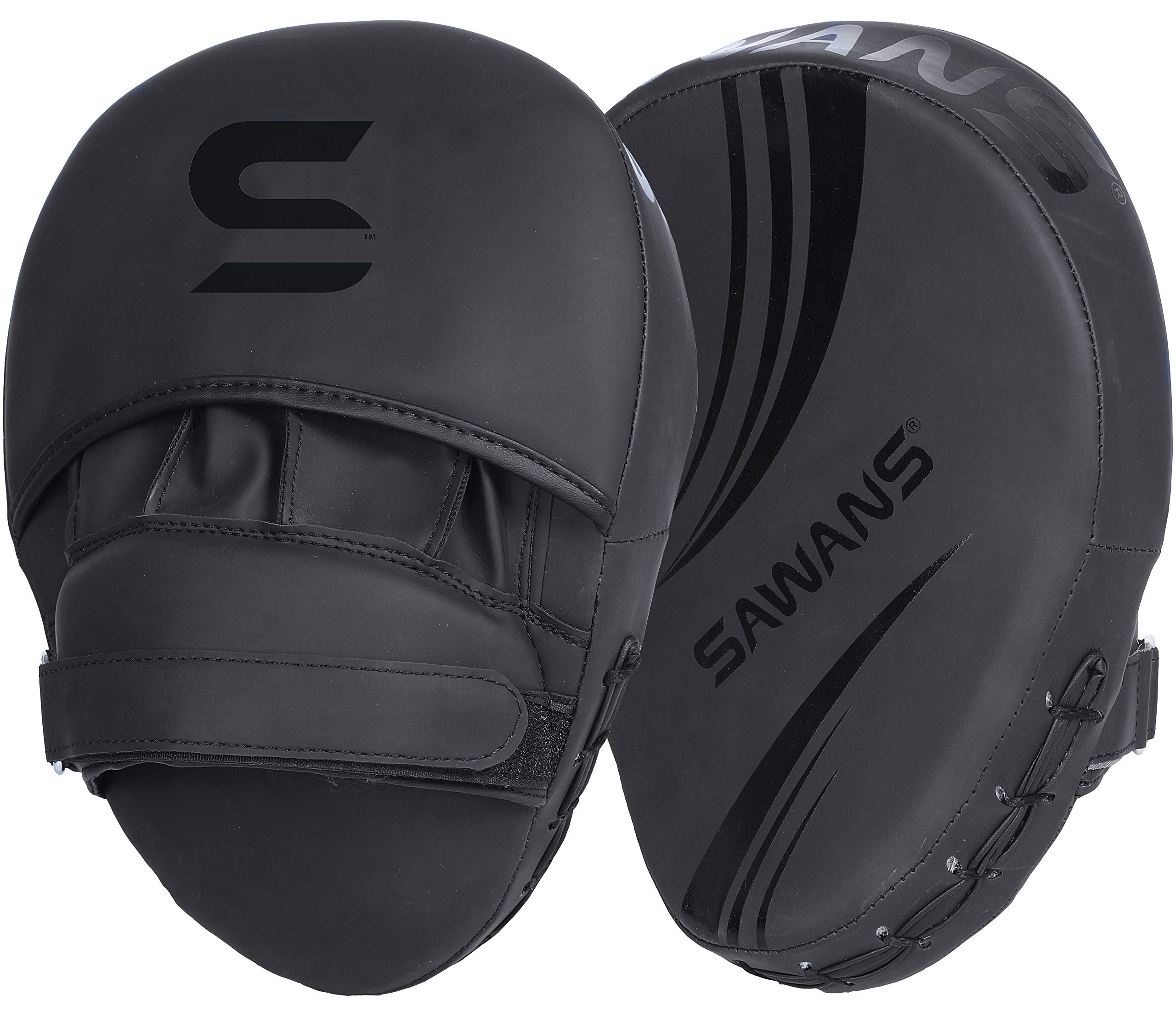 SAWANS® Boxing Focus Pads Hook and Jab Mitts Faux Leather Kickboxing MMA Curved Arm Strike Shield Punching Target Pads Martial Arts Muay Thai Training (Matte Black)