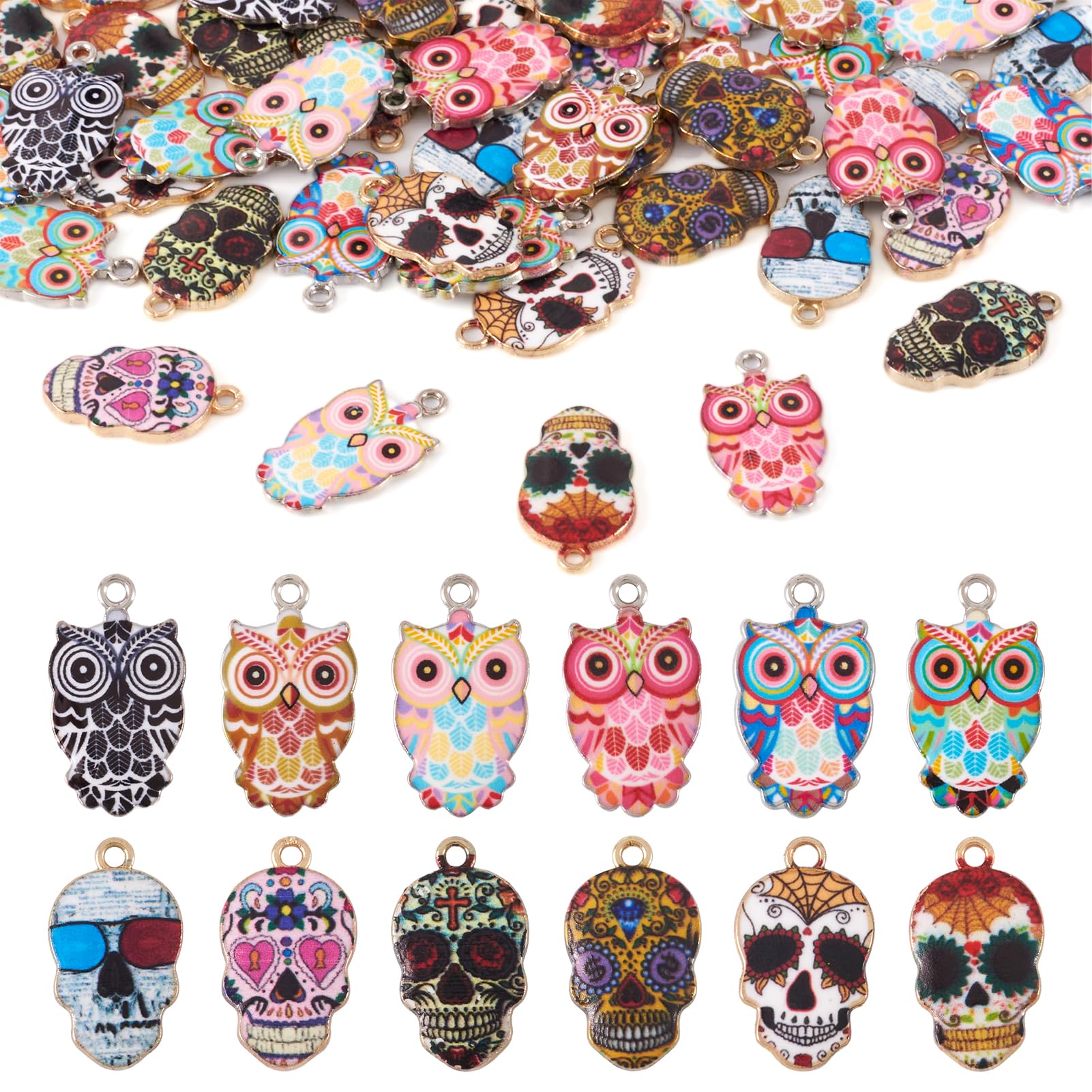 PandaHall 48pcs Owl & Skull Alloy Enamel Charms Pendant Lucky Animal Dangle Pendants for DIY Necklace Bracelet Earrings Jewelry Making