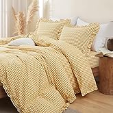 Yvrcen Mustard Yellow Gingham Ruffle Duvet Cover Queen Size 3 Piece | Cotton, Boho Yellow Plaid, Ruffled Shabby Chic, Checkered, Zipper Closure &amp; Corner Ties, Comforter Not Included