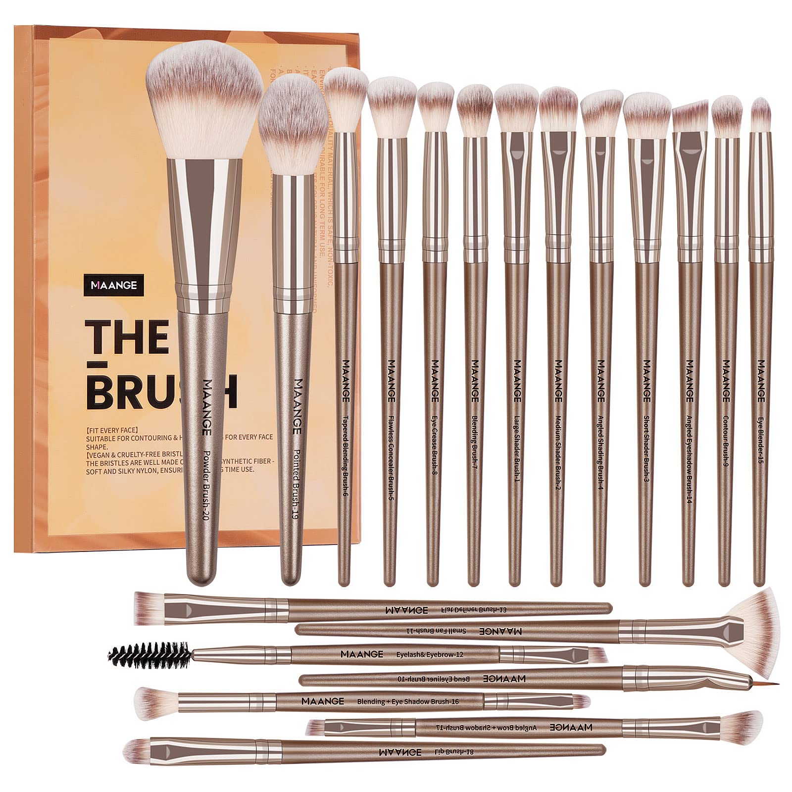 Makeup Brushes, 20 Pcs Professional Make up Brushes Foundation Makeup Brush Travel Kabuki Blending Face Powder Eye Make up Brush Set with Gift Box(Brown)