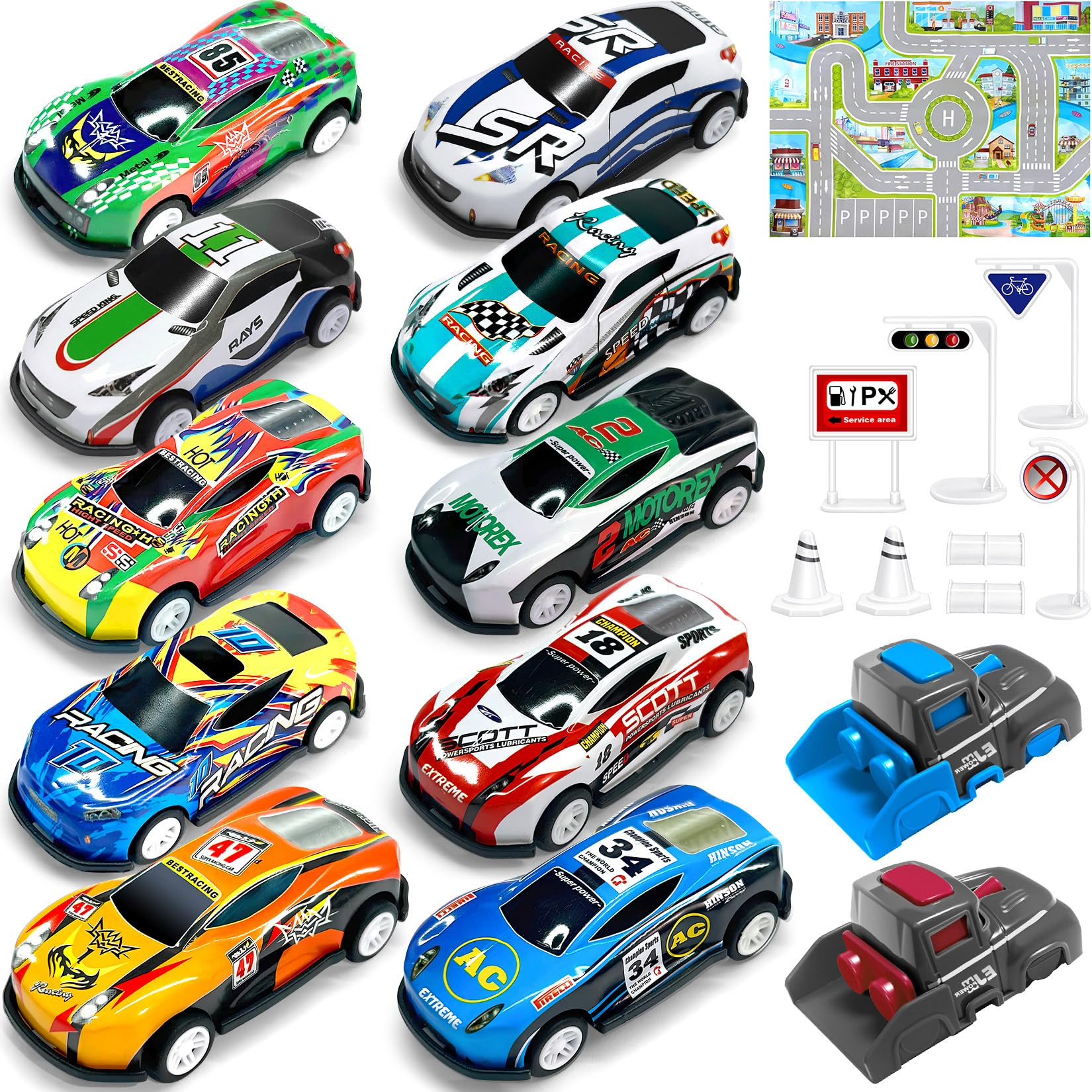 TOYABI Auto Spielzeug Set, 10 Stück Spielzeugautos Metall mit spielteppich & Katapult, Kleine Spielzeugauto, Autos Zurückziehen Fahrzeuge, Geburtstag Geschenk für Kinder ab 3 4 5 6 7 8 Jahre