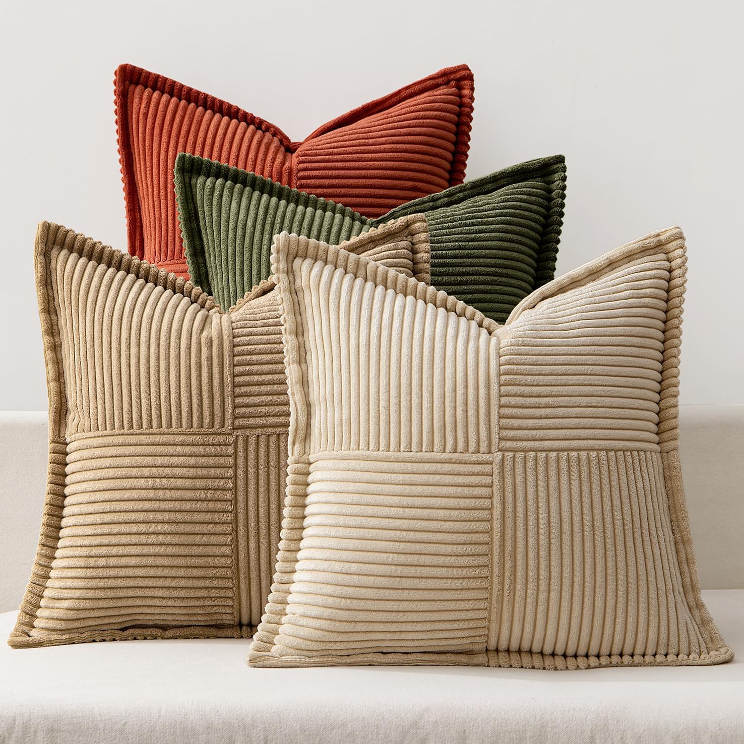 Photo 1 of MIULEE Fall Rust-Olive Green Throw Pillow Covers 20x20 Inch 4 Packs Soft Boho Color-Clash Farmhouse Pillow Cases Accent Modern Cushion Cases for Couch Sofa Bed Corduroy Patchwork Home Decor