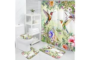 MitoVilla 4 Pcs Spring Floral Bathroom Sets with Shower Curtain and Rugs, Hummingbird Shower Curtain Sets with Rugs for Modern Bathroom Decor, Watercolor Bathroom Sets with Rugs and Accessories