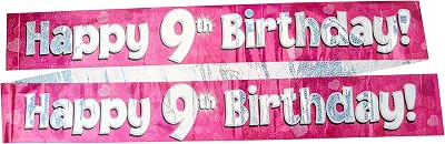 OakTree 9ft Banner Happy 9th Birthday Pink holographic Party Decor