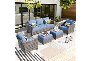 ovios Patio Furniture Set, 5 Pieces Outdoor Wicker Rattan Sofa Couch with Chairs, Ottomans and Comfy Cushions, All Weather High Back Conversation Set Garden Backyard, Denim Blue