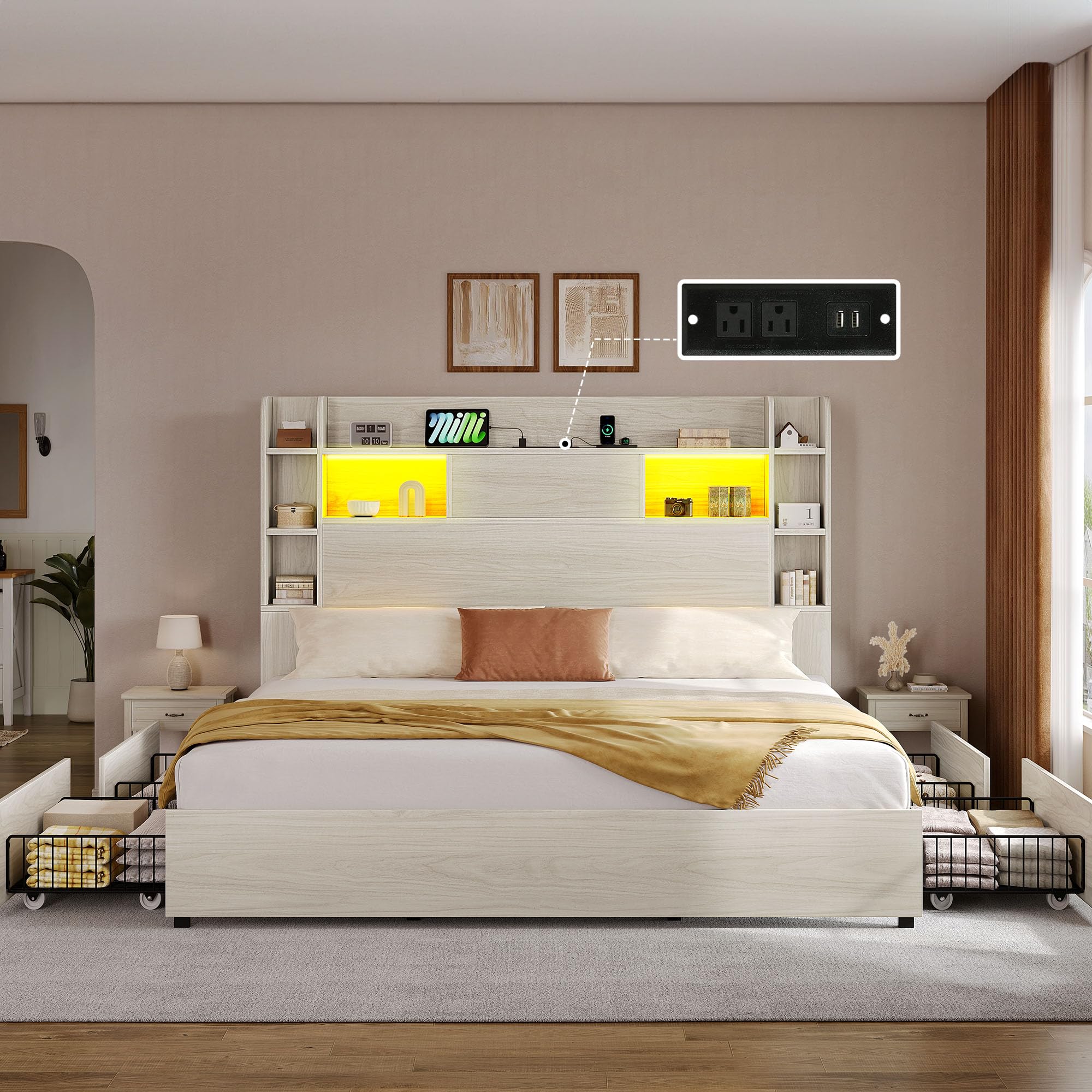 DWVO King Bed Frame with Bookcase Headboard and 4 Storage Drawers, RGB ...