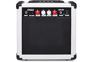 LyxPro Electric Guitar Amp 20 Watt Amplifier Built in Speaker Headphone Jack and Aux Input Includes Gain Bass Treble Volume and Grind - White
