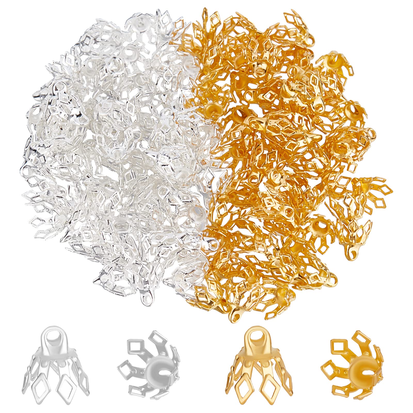 Beebeecraft 200Pcs/Box 2 Colors Flower Bead Caps Brass Bell Bead End Charm Caps with Loop Prong Spacer Beads for Earrings Bracelets Necklaces Jewellery Making DIY Craft