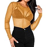 BelleLovin Women's Sheer Mesh Tops Long Sleeve Glitter Sexy Tops See Through Blouses