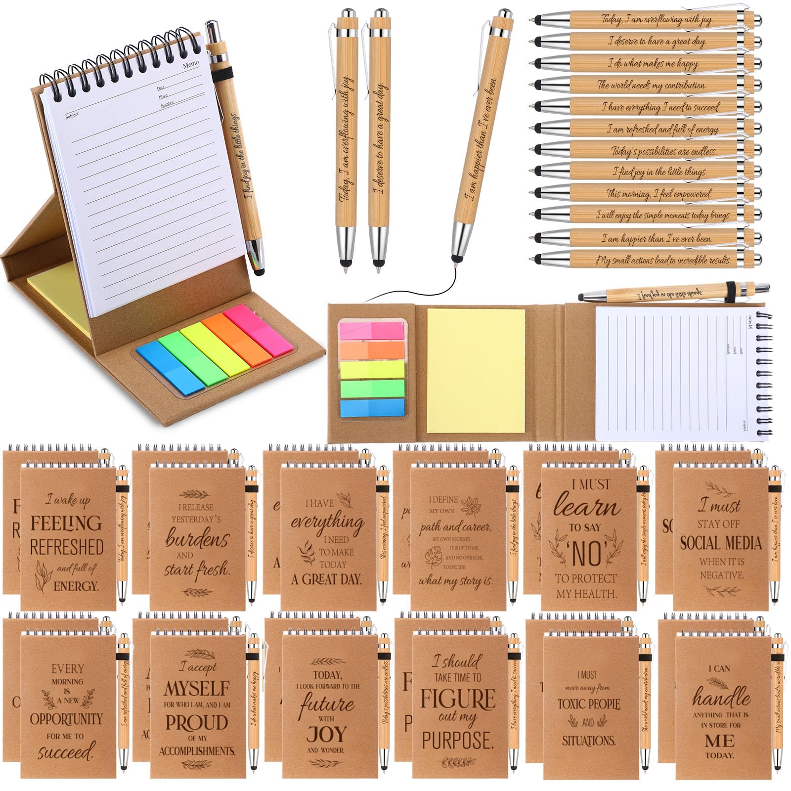 Photo 1 of Pasimy 24 Set/48 Pcs Employee Appreciation Gifts Bulk Positive Affirmation Spiral Notebooks with Sticky Notes and Bamboo Pens 60 Sheets Small Steno Pads for Women Men Office School, 3.9 x 5.9 Inches