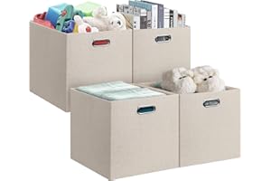 Posprica 13x15x13in Collapsible Storage Bins, Fabric Foldable Cube Storage Boxes, Decorative Storage Baskets Organizer for IKEA Kallax, Shelves, Closet, Clothes, Toy, Set of 4-Beige
