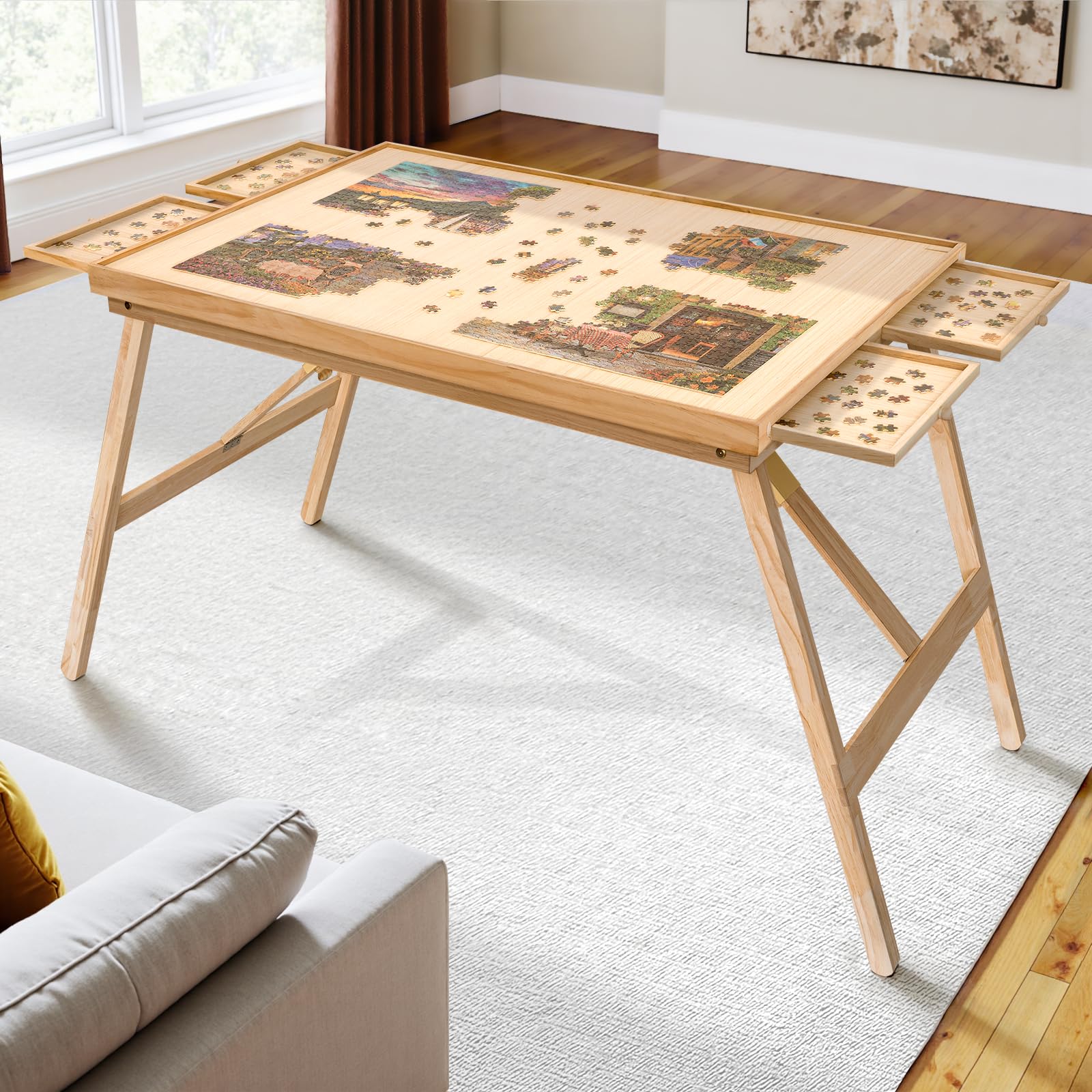 View 1 of **POSSIBLY FOR PARTS / HAS DAMAGES*** TEAKMAMA 27.6" H Tall 1500 Piece Puzzle Table with Legs, 4 Drawers, 34.3" W x 26.5" D Large Wood Folding Jigsaw Puzzle Board with Cover for Adults, Nature
